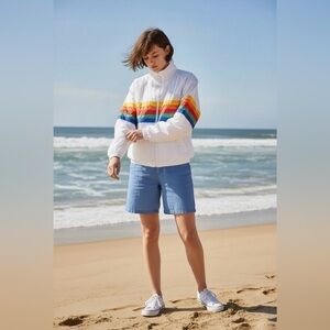 Sherry 1980’s Rainbow Nylon Zip Up Jacket  Windbreaker Rain Coat Hooded